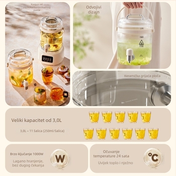 Yidepu automatska staklena čajna kuhačica, split dizajn s izljevom, 1000W, 220V, dodirno upravljanje, digitalni termostat, model JW-B28-T