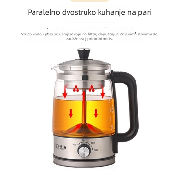 Čajnik JY068, kapacitet 1–1,5 L, napajanje 110 V, snaga 600 W, kućište od nehrđajućeg čelika s unutarnjim staklenim spremnikom