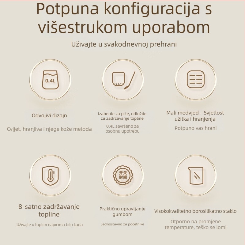 Little Bear Health Pot 0,4 L s cijelim staklenim tijelom, 360W, 220V, upravljanje mikrokompjuterom