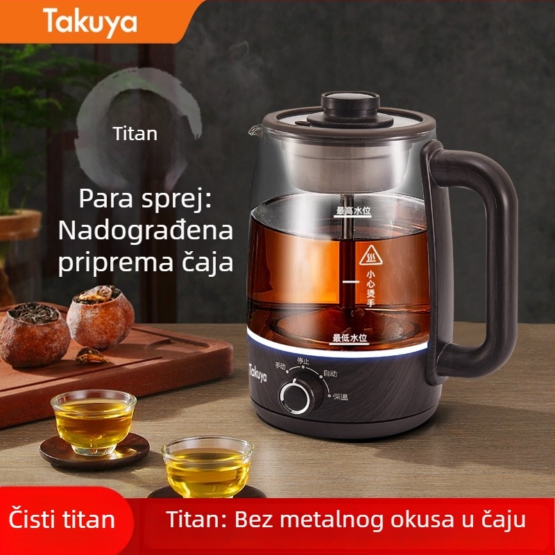 Čajnik-stil uređaj za pripremu čaja s tijelom od borosilikatnog stakla, kapacitet 1–1,5 L, 220 V, 500–1000 W.