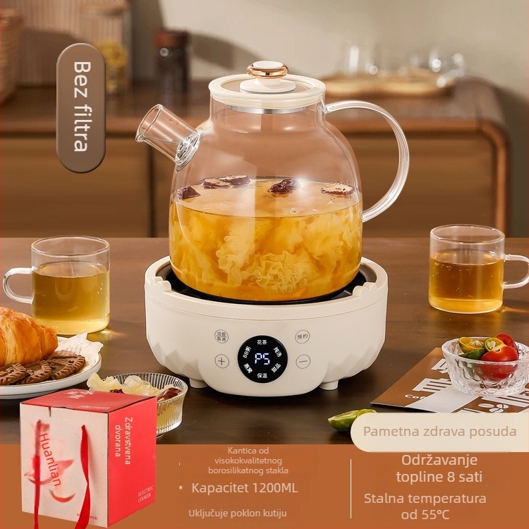 Zdravstveni čajnik od borosilikatnog stakla, kapacitet 1–1,5 L, snaga 500 W, model 7D01