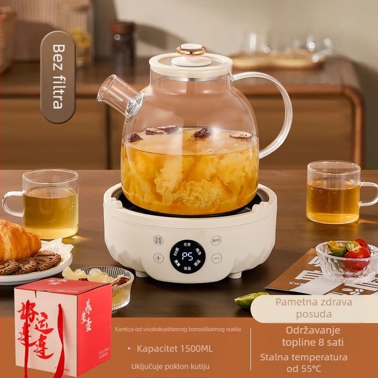 Zdravstveni čajnik od borosilikatnog stakla, kapacitet 1–1,5 L, snaga 500 W, model 7D01