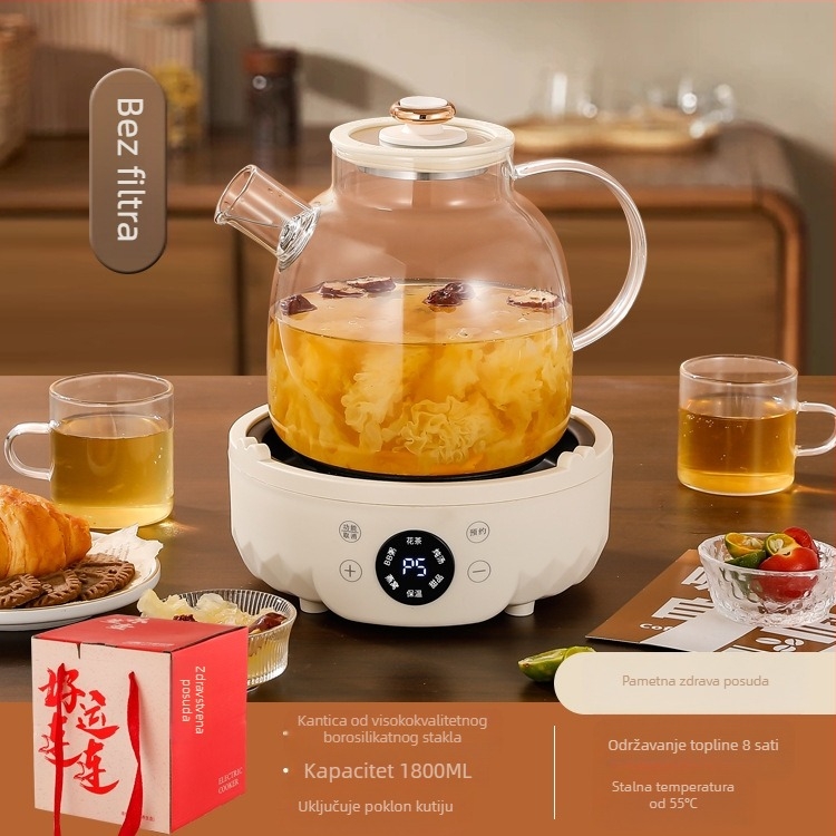 Zdravstveni čajnik od borosilikatnog stakla, kapacitet 1–1,5 L, snaga 500 W, model 7D01