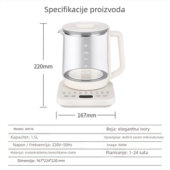 Zdravstveni stakleni električni čajnik, zapremina 1-1.5 L, 220 V, 500-1000 W, upravljanje mikroračunalom s digitalnim termostatom