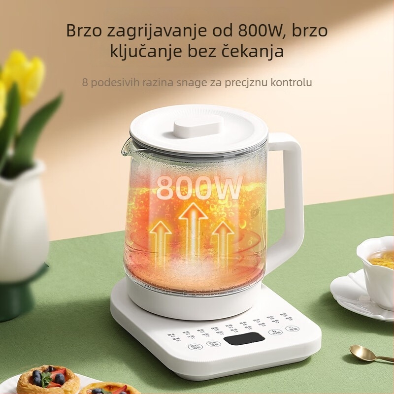 Zdravstveni stakleni električni čajnik, zapremina 1-1.5 L, 220 V, 500-1000 W, upravljanje mikroračunalom s digitalnim termostatom
