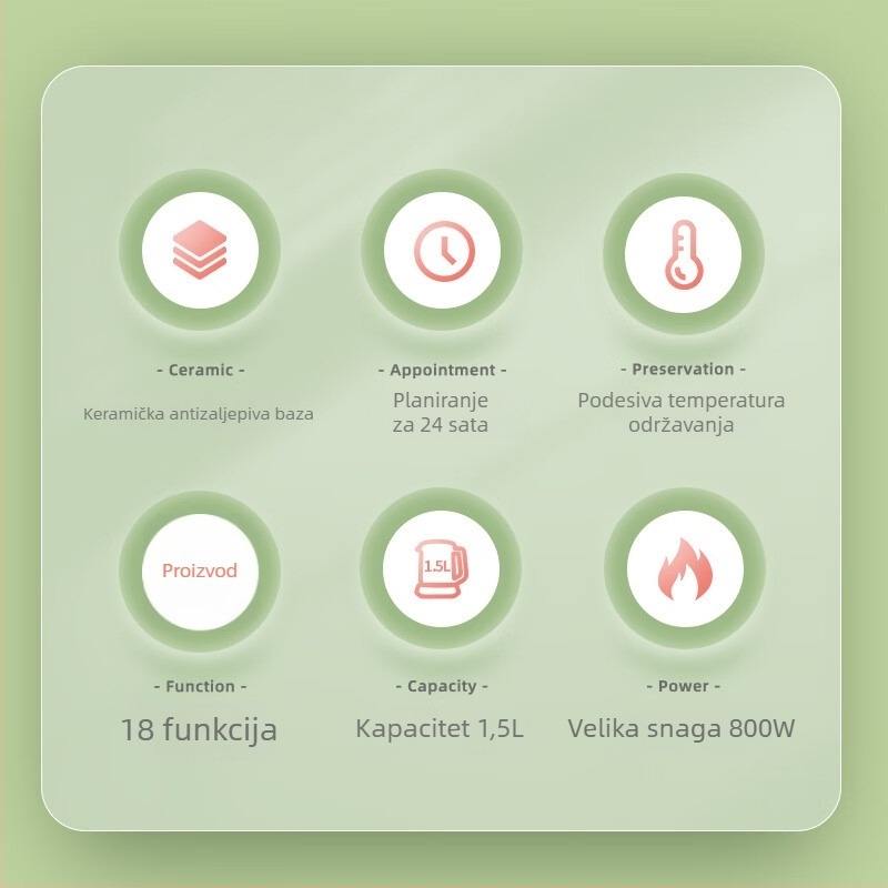 Zdravstveni stakleni električni čajnik, zapremina 1-1.5 L, 220 V, 500-1000 W, upravljanje mikroračunalom s digitalnim termostatom