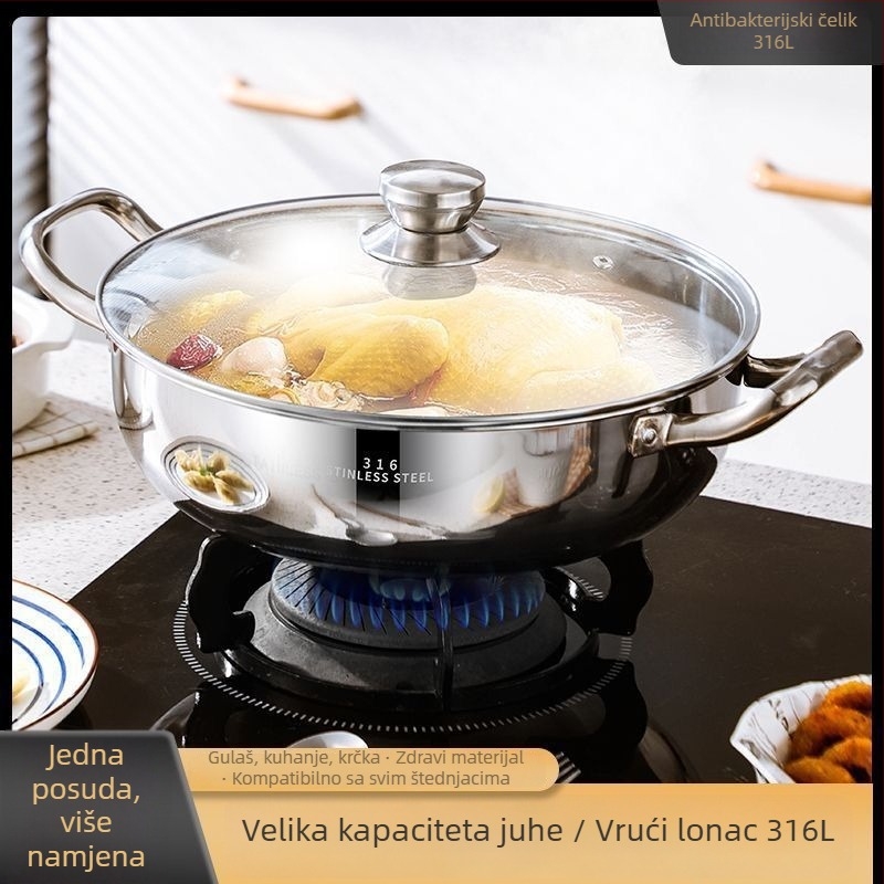 Lonac za hot pot od nehrđajućeg čelika 18-10, s jednim dnom, kapacitet 2,1–4 L, pogodan za univerzalni štednjak