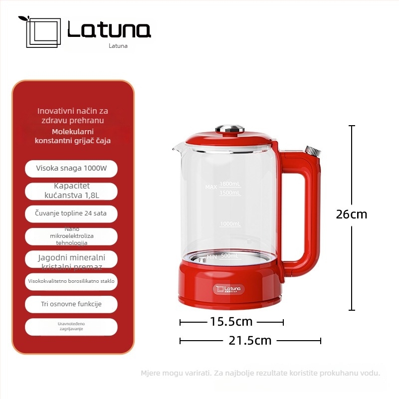 LATUNA Jhr-sh1801 kuhalo za čaj od borosilikatnog stakla, 1.5-2 L, 220 V, 500-1000 W, konstantna temperatura