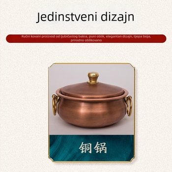 Bakreni lonac za jednu osobu s bakrenim poklopcem, nepremazan lonac, model 16-27, kompatibilan s općim štednjacima