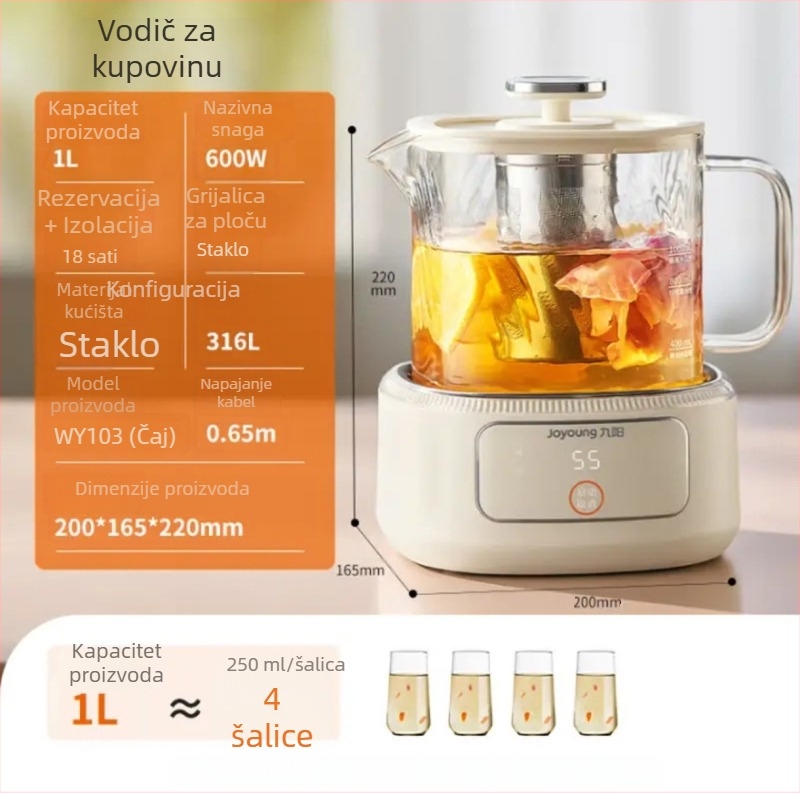 Joyoung Wy103 Zdrava posuda za čaj sa staklenim tijelom, kapacitet 1 L, 220 V, 500–1000 W, elektronički termostat