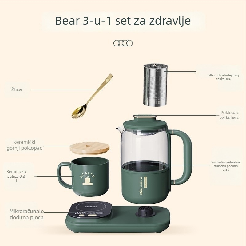 Teddy Bear 0.8L Čajnik za Zdravlje, model YSH-D08E1, stakleni električni čajnik s bežičnim punjenjem, šalice za čaj