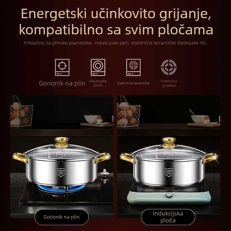 Hot Pot s dvostranim okusom od nehrđajućeg čelika, staklenim poklopcem, kapacitet 2.1–4 L, kompatibilan s univerzalnim štednjakom