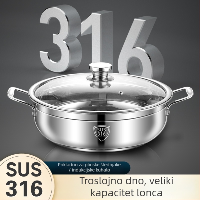 Debeli lonac od 316 nerđajućeg čelika za juhu, prehrambena kvaliteta, neprijanjajući, višeslojno dno, kapacitet preko 10 L, univerzalno kuhalo