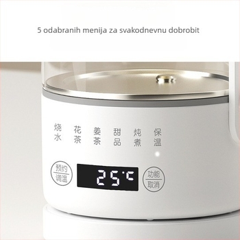 Zdravstveni čajnik za pripremu čaja, stakleno tijelo, kapacitet 1 L, 220 V, 500 W, digitalni termostat s dodirnim upravljanjem