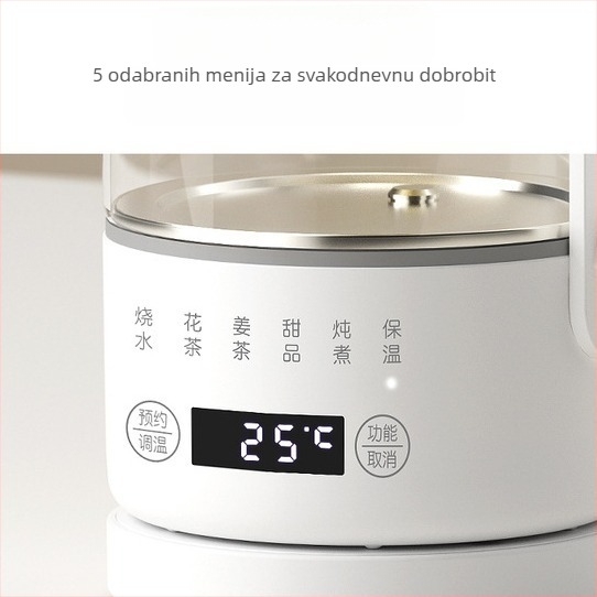 Zdravstveni čajnik za pripremu čaja, stakleno tijelo, kapacitet 1 L, 220 V, 500 W, digitalni termostat s dodirnim upravljanjem