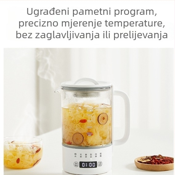 Zdravstveni čajnik za pripremu čaja, stakleno tijelo, kapacitet 1 L, 220 V, 500 W, digitalni termostat s dodirnim upravljanjem