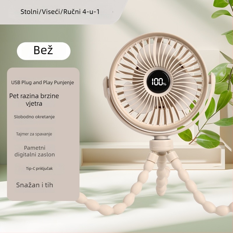 Ventilator za kolica bez lopatica, u obliku hobotnice, kompaktnog i tih za bebe i djecu, USB napajanje s ugrađenom baterijom