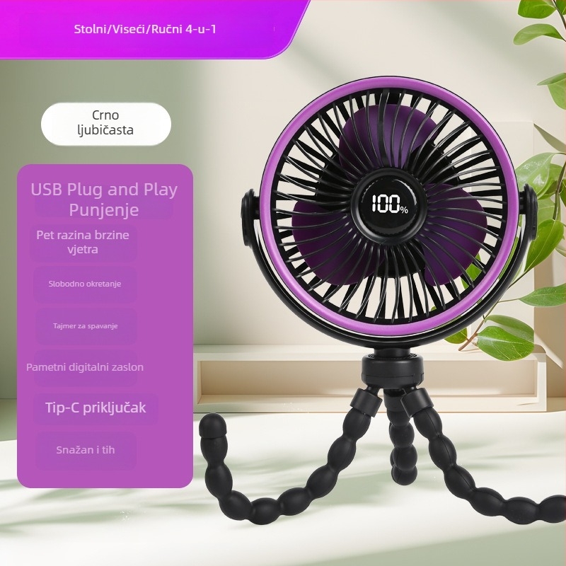 Ventilator za kolica bez lopatica, u obliku hobotnice, kompaktnog i tih za bebe i djecu, USB napajanje s ugrađenom baterijom