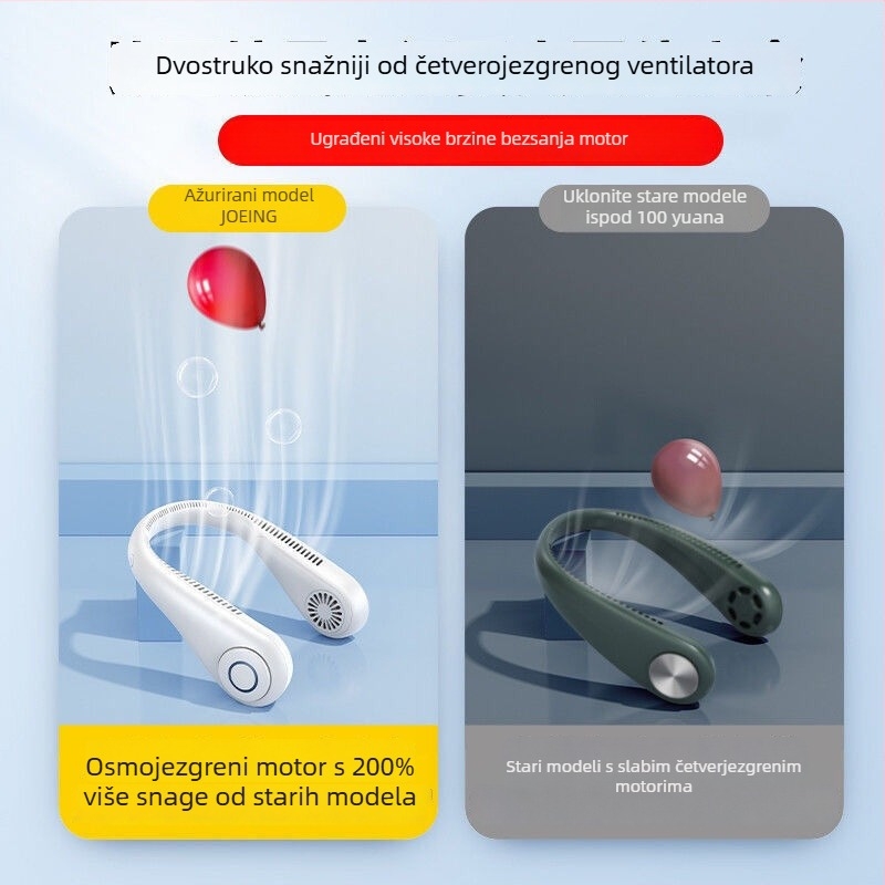 Ventilator bez lopatica za vrat, tih, USB mini prenosni, s 3 brzine vjetra, ugrađena baterija 2000–4000 mAh, trajanje 3–6 sati