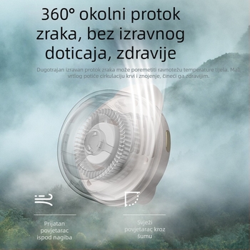 Ventilator bez lopatica za nosenje oko vrata i struka s 360° rotacijom, USB napajanje, 3 brzine, ugrađena baterija 800–1000 mAh, trajanje 1–3 h