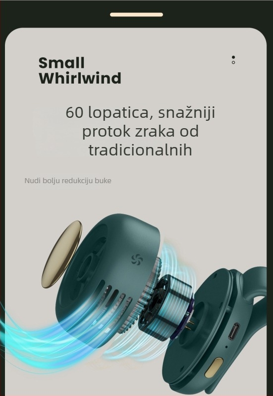 Ventilator bez lopatica za nosenje oko vrata i struka s 360° rotacijom, USB napajanje, 3 brzine, ugrađena baterija 800–1000 mAh, trajanje 1–3 h