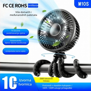 Ventilator bez lopatica u obliku hobotnice, USB punjivi, ugrađena baterija 2000-4000 mAh, 3 brzine, noćno svjetlo, za kolica i bicikl