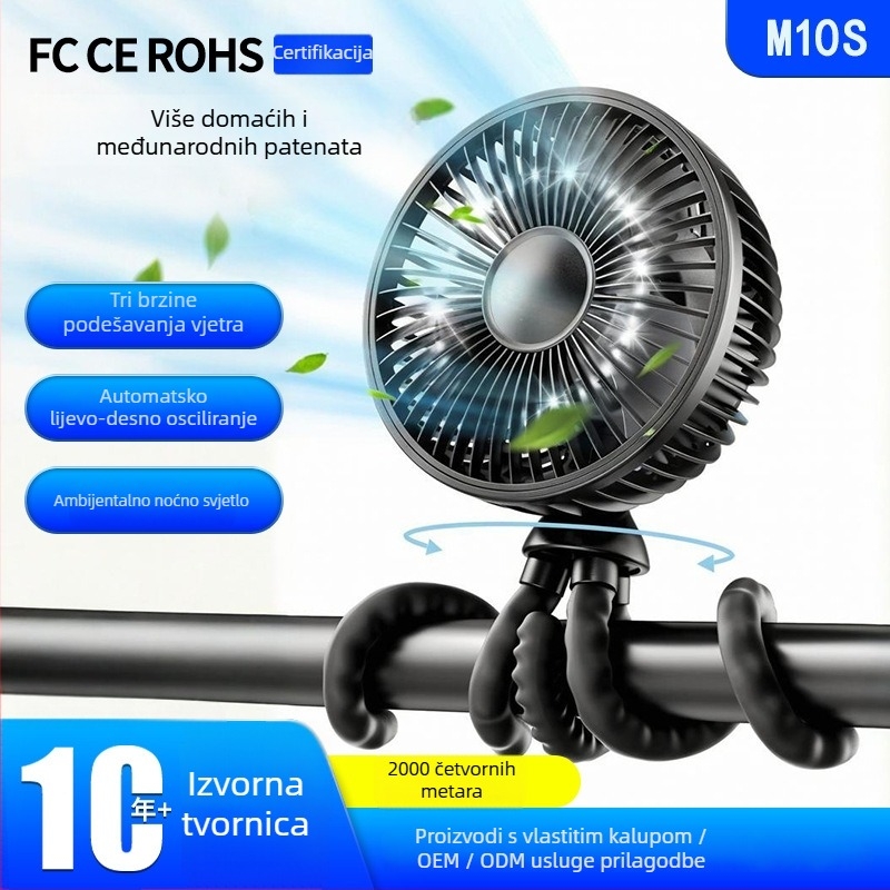 Ventilator bez lopatica u obliku hobotnice, USB punjivi, ugrađena baterija 2000-4000 mAh, 3 brzine, noćno svjetlo, za kolica i bicikl