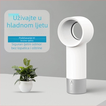 Ventilator bez lopatica, ručni, USB napajanje, 5V, 3W, buka <36 dB, 3 brzine, ugrađena baterija 800–1000 mAh, trajanje baterije 1–3 h, kompaktni stolni ventilator