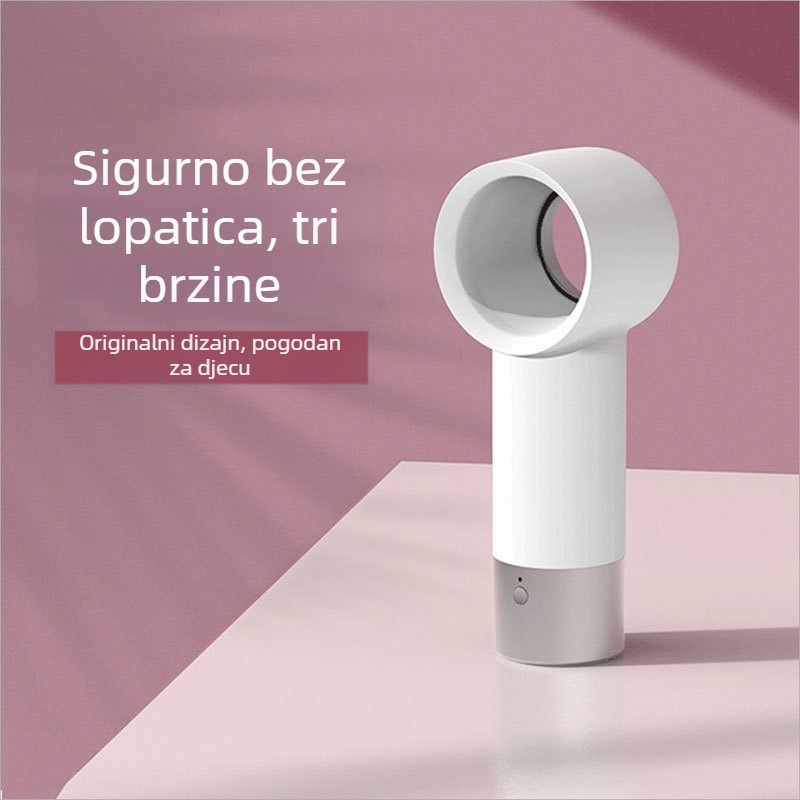 Ventilator bez lopatica, ručni, USB napajanje, 5V, 3W, buka <36 dB, 3 brzine, ugrađena baterija 800–1000 mAh, trajanje baterije 1–3 h, kompaktni stolni ventilator