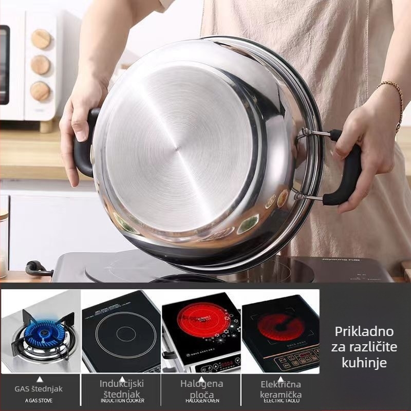 Nehrđajući čelični lonac za hot pot s poklopcem, kapacitet 4.1–6 L, stakleni poklopac, dno s jednim slojem, težina 520 g