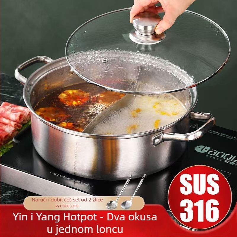 Lonac za hot pot od nehrđajućeg čelika, patka mandarinska, kapacitet 4.1-6 L, složeno dno, poklopac od vlaknastog stakla, kompatibilan s uobičajenim pločama, marka Zhenmingtang