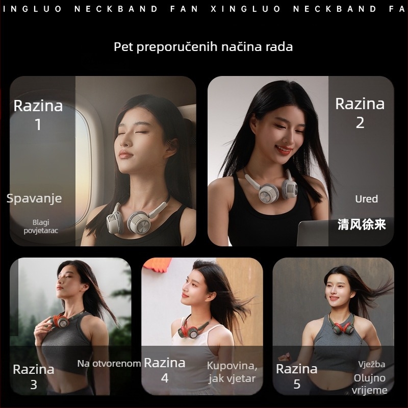 Ventilator za vrat bez lopatica, USB punjenje, 5V, 3.2W, 5 brzina, ugrađena baterija 1200–2000 mAh