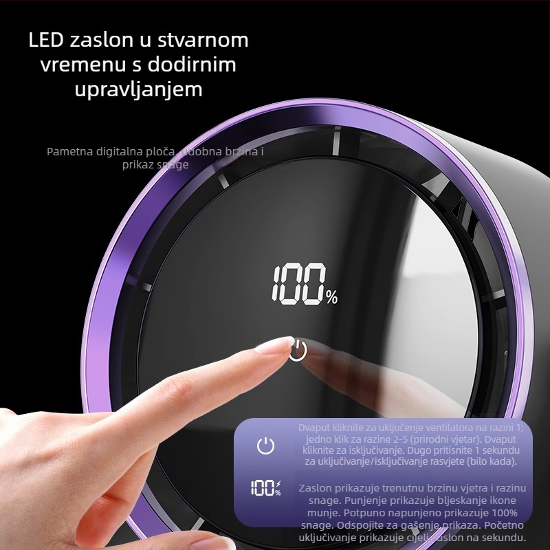 Bez lopatica USB stolni ventilator s noćnim svjetlom, ugrađena baterija 2000–4000 mAh, 5 brzina, tih brushless motor