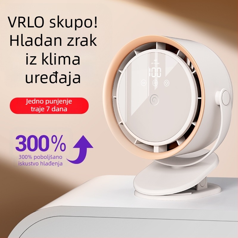 Klipni stolni ventilator s dodirnim upravljanjem, ugrađena litijska baterija (2000–4000 mAh), bezčetkasti motor, 5 brzina, digitalni zaslon