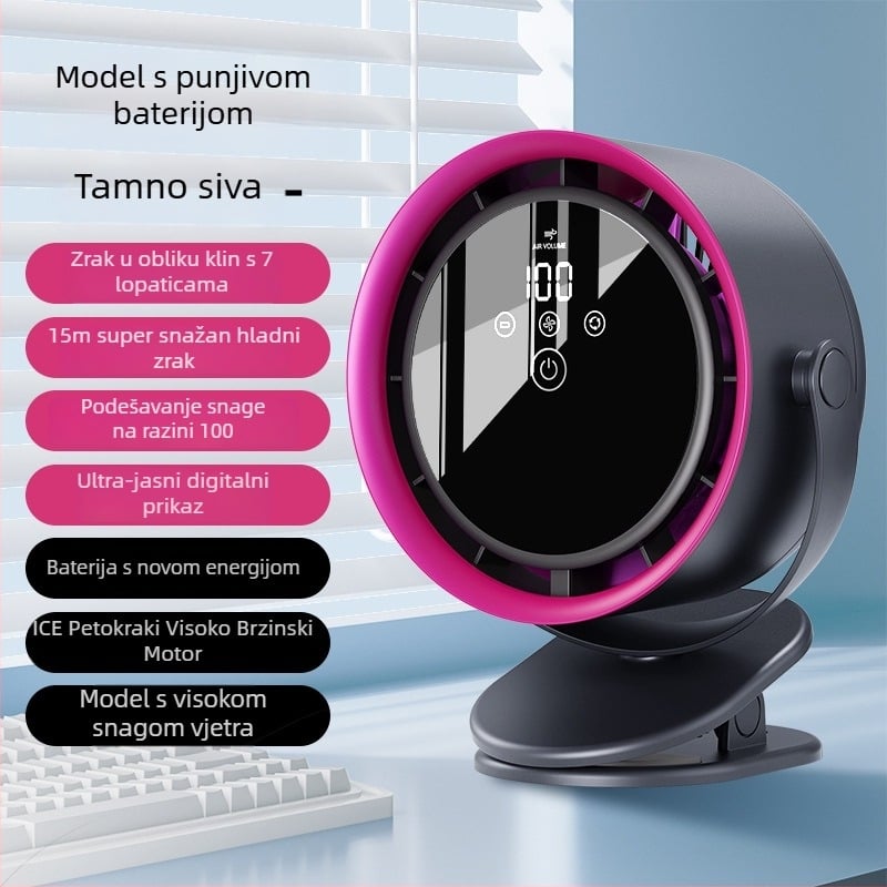 Klipni stolni ventilator s dodirnim upravljanjem, ugrađena litijska baterija (2000–4000 mAh), bezčetkasti motor, 5 brzina, digitalni zaslon