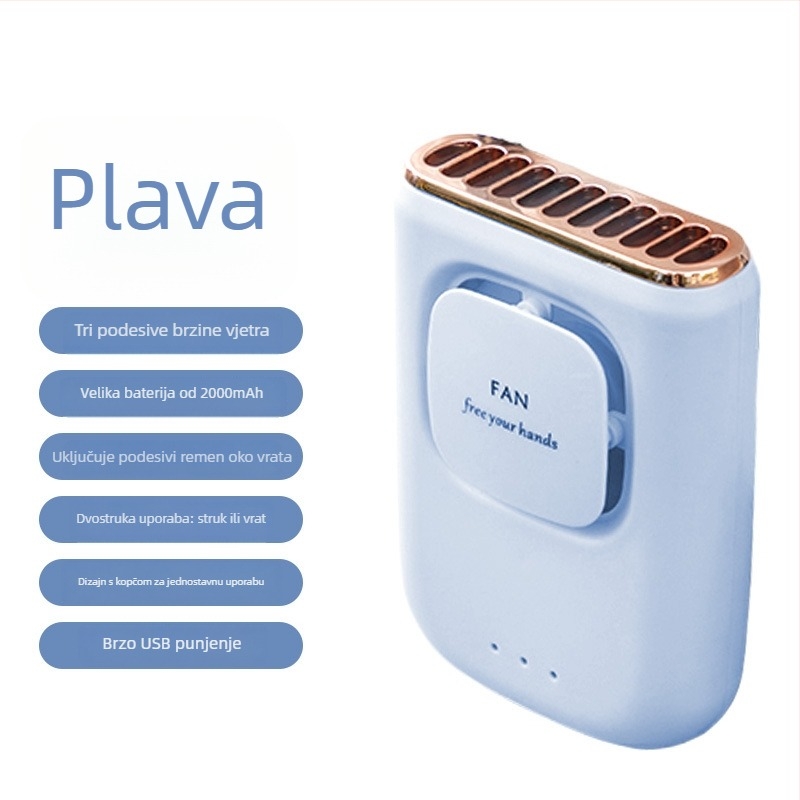 Ventilator bez lopatica za vrat i struk s LED zaslonom, USB punjenje, 3 brzine, ugrađena baterija 2000–4000 mAh, prijenosni mini ventilator