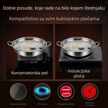 304 nehrđajući čelik, šabu lonac s dvostrukim ručkama, kapacitet 2,1–4 L, jednosno dno, kompatibilan s indukcijskom pločom