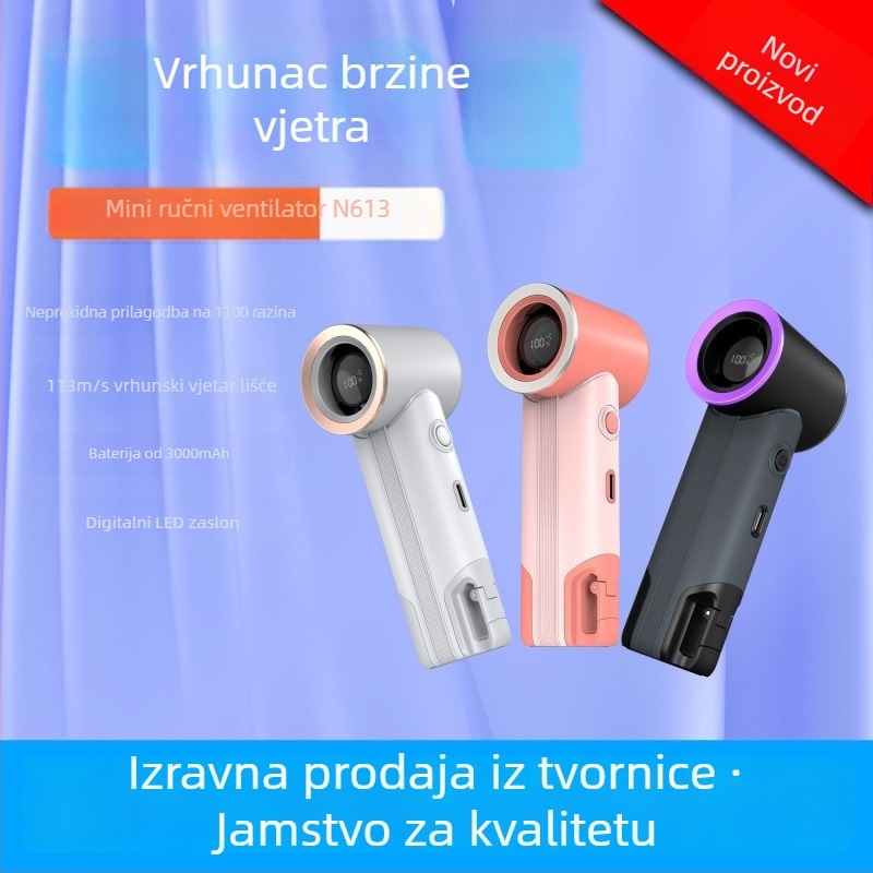 Ručni prijenosni mini ventilator s 6+ lopaticama, bezčetkasti motor, ugrađena baterija 2000-4000mAh uz USB punjenje, 5 brzina, digitalni zaslon