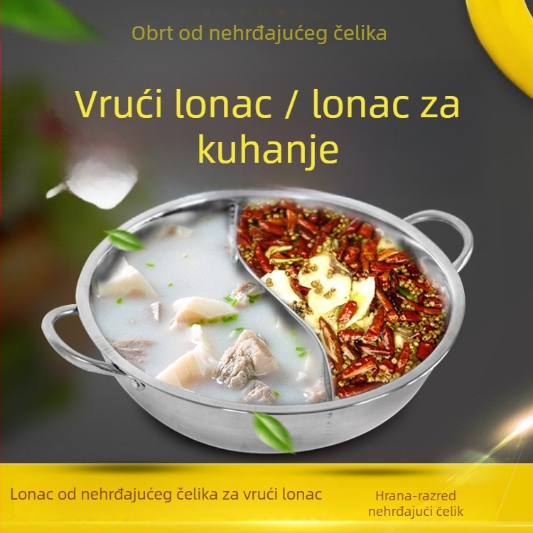 Nehrđajući čelik Yin-Yang lonac za vruće juhe s podijeljenim pretincima za dva okusa, premaz protiv prianjanja, kompatibilan s indukcijskim pločama, stakleni poklopac