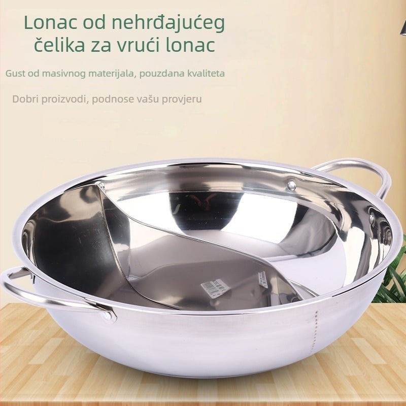 Nehrđajući čelik Yin-Yang lonac za vruće juhe s podijeljenim pretincima za dva okusa, premaz protiv prianjanja, kompatibilan s indukcijskim pločama, stakleni poklopac