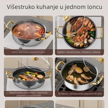 Nehrđajući hot pot lonac, Shu Bao model 08, integriran, s non-stick dnom i staklenim poklopcem, kapacitet 4.1–6 L / 2.1–4 L, kompatibilan s indukcijskim štednjakom