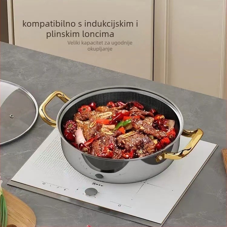 Nehrđajući hot pot lonac, Shu Bao model 08, integriran, s non-stick dnom i staklenim poklopcem, kapacitet 4.1–6 L / 2.1–4 L, kompatibilan s indukcijskim štednjakom