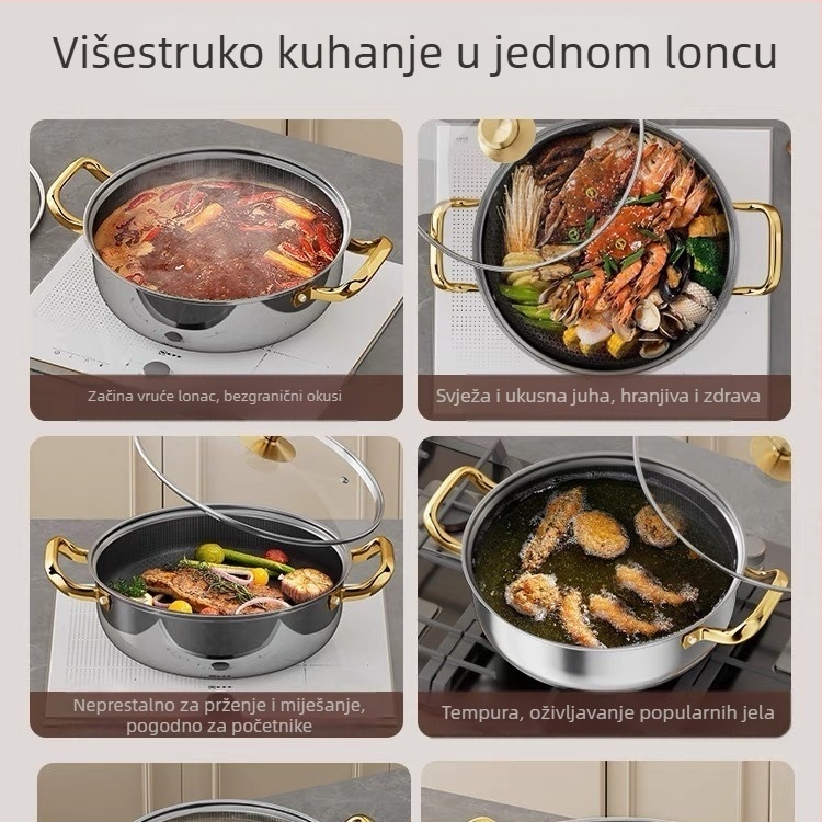 Nehrđajući hot pot lonac, Shu Bao model 08, integriran, s non-stick dnom i staklenim poklopcem, kapacitet 4.1–6 L / 2.1–4 L, kompatibilan s indukcijskim štednjakom
