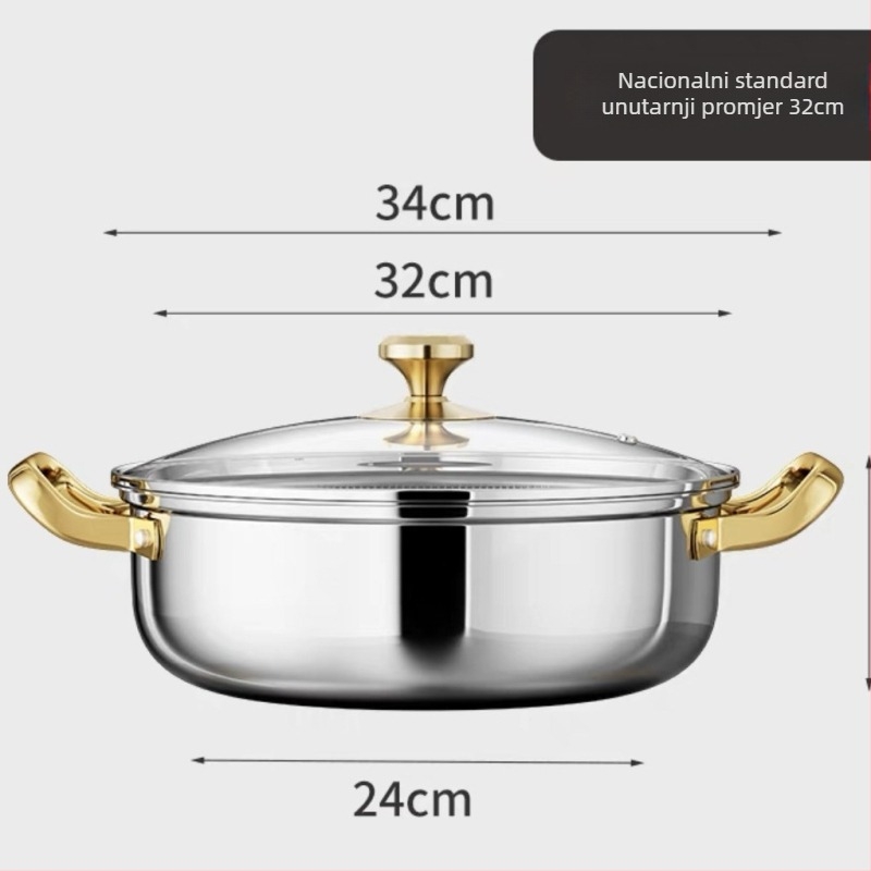 Nehrđajući hot pot lonac, Shu Bao model 08, integriran, s non-stick dnom i staklenim poklopcem, kapacitet 4.1–6 L / 2.1–4 L, kompatibilan s indukcijskim štednjakom