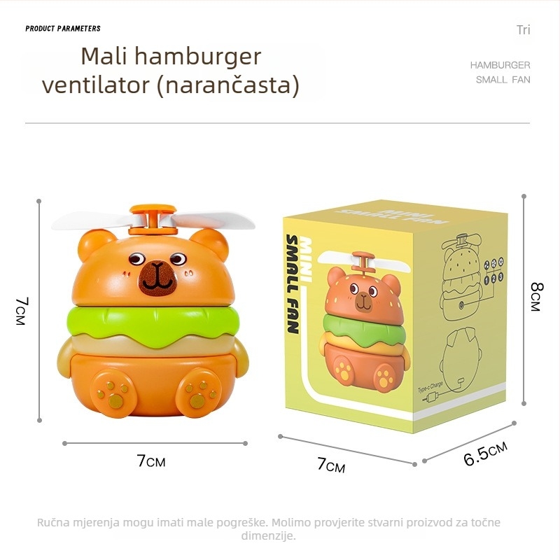 Ventilator za vrat s USB punjenjem, ugrađena baterija 100-300 mAh, 2 lopatice, capybara dizajn, buka 70 dB ili više, 3.7V, 5W (USB punjenje, baterija 100-300 mAh, 3.7V, 5W, 2 lopatice)