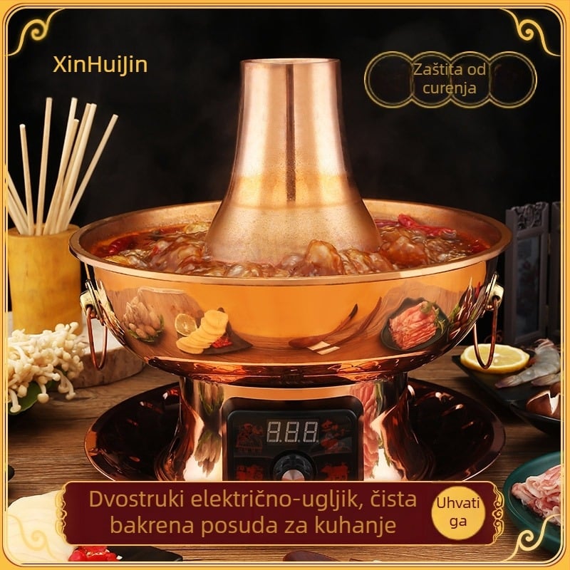 Bakreni lonac za hot pot, neelektrični, čisto bakreno kućište, kapacitet 2.1–4 L, jednostruko dno, tradicionalni kineski stil