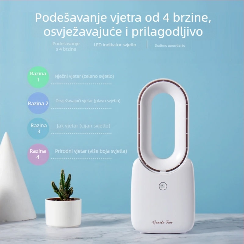 Ventilator bez lopatica stolni s USB punjenjem, prijenosan i tih, s ugrađenom baterijom 2500 mAh, 4 brzine