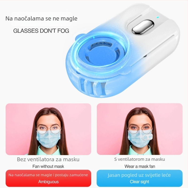 USB klipsni ventilator za masku s filtracijom, bez lopatica, ugrađena baterija 300–500 mAh, 3 brzine, buka ispod 36 dB