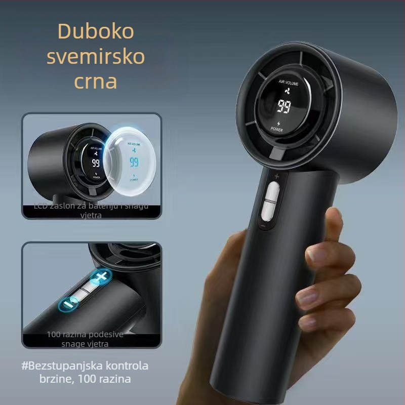 Ručni USB punjivi ventilator – 3 brzine, brushless motor, baterija 1200–2000 mAh, trajanje 3–6 h