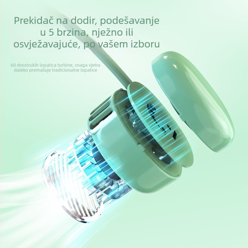 Ventilator bez lopatica za vrat, prijenosni, sklopivi, s digitalnim zaslonom, pet brzina, tih, snažan protok zraka